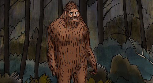 An illustration of a large animal like an gorilla. It is brown and walking in a jungle. 