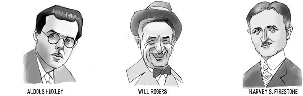 Illustrations of three of the people quoted in this exercise: Aldous Huxley, Will Rogers and Harven S. Firestone. 