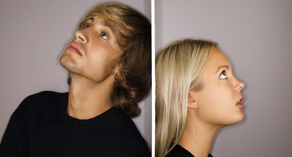 A photo collage of a man and woman with their backs to each other and not speaking.