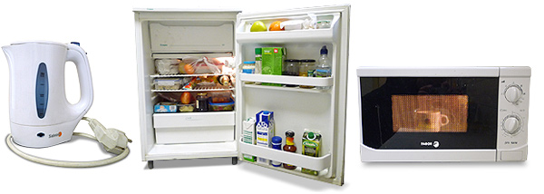 Photos of different home appliances: an electric kettle, a fridge and a microwave.