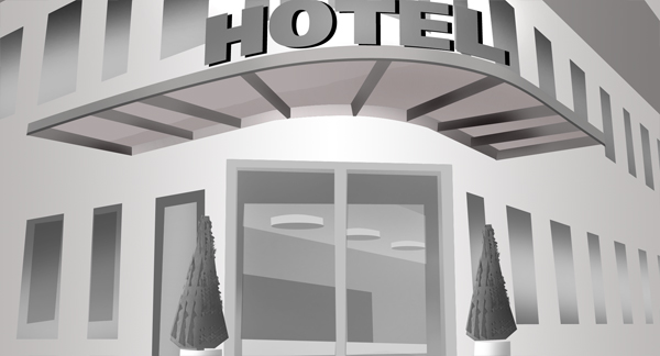 An illustration of the exterior and entrance of a hotel.