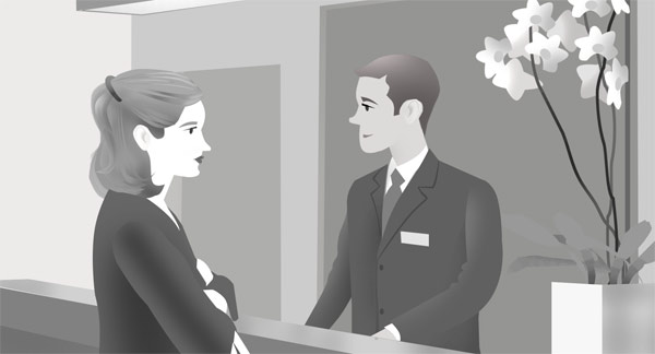 An illustration of a guest speaking to the receptionist in a hotel.