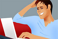 An illustration of Juanita's brother with a laptop, talking to someone.