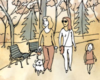 An illustration of two women walking in a park with a girl and a dog. One woman is wearing sunglasses.