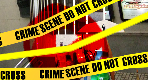 A image of a crime scene and a sign saying Crime scene, do not cross. 