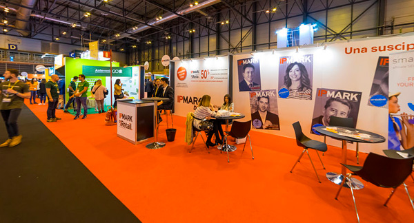 A photo of stands at a trade fair.