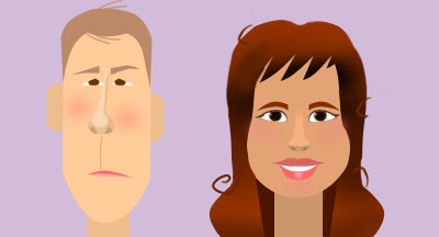 An illustration of a man and a woman. The man has a thin face. His eyes are close together. He has a thin mouth. His face is not symetrical. He isn't smiling. The woman has a round face. She has big eyes. Her face is symetrical. She is smiling. 