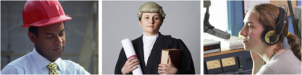  A strip of three photos; an engineer or architect, a lawyer, and a radio announcer.