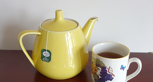 A photo of a teapot and a cup of tea. 