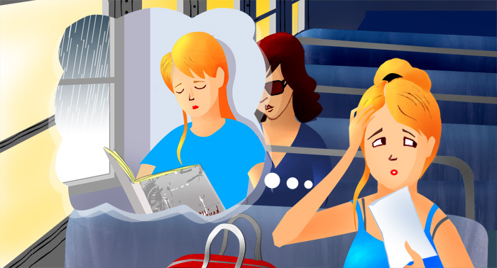 An illustration of a woman, Kylie, sitting on a bus. It is very hot. There are more people on the bus. Kylie is thinking about being at home reading on rainy day.