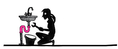 A decorative illustration of a plumber repairing a washbasin. 