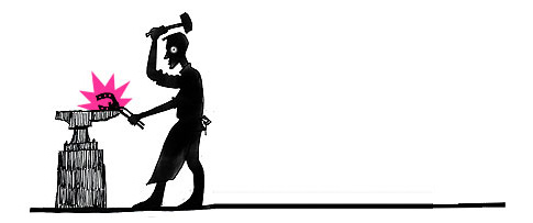 A decorative illustration of a blacksmith hammering a horseshoe on an anvil. 