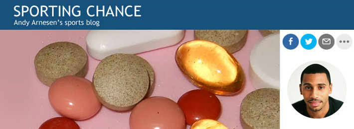 A photo of a sports blog called Sporting Chance, and an image is of a collection of different pills.  