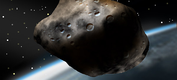 An illustration of a large asteroid in space. 