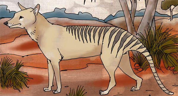 An illustration of an animal like a dog or wolf. It has stripes on its back and tail.