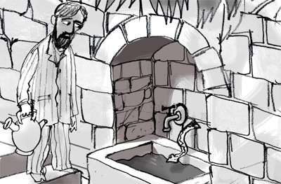 An illustration of a man standing in pyjamas next to a water trough. The man is holding a water jug or pitcher. There is a snake coming out of the wall above the water trough