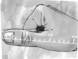An illustration of a hand, showing a ruler superimposed over the thumb. 