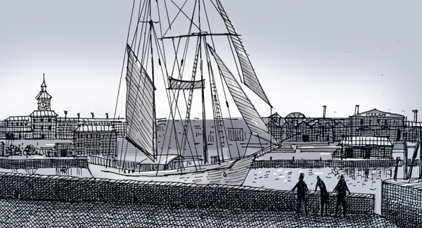 An illustration of the opening scene of the novel Moby Dick. People are standing at a dock looking at the water and a sailing ship. 