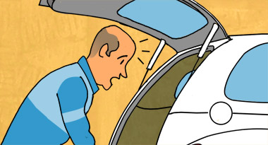 An illustration of a man taking something out of the boot of a car, at the back of the car. 