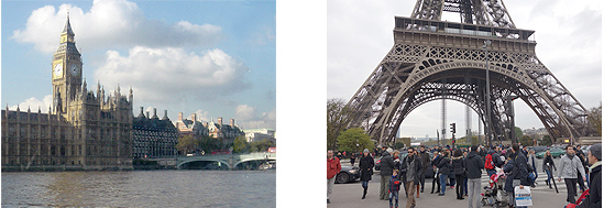 Two photos. The first is of Big Ben and the houses of parliament in London. The second photo is of the Eiffel Tower, in Paris. 