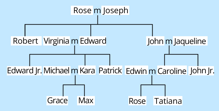 An image of a family tree of a famous family. At the top of the tree are the names Rose and Joseph. They have three sons, Robert, Edward and John. Edward has three children; Edward junior, Kara and Patrick. Kara has two children; Grace and Max. John and Jaqueline also have two children; Caroline and John Junior. Caroline has two children, Rose and Tatiana.