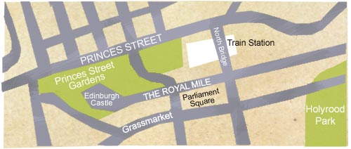 A street map of Edinburgh. In the middle of the map is a park, Princes Streete Gardens. Next to the gardens is Edinburgh Caslte. On the left of the gardens is the train station, in North Bridge street. Grassmarket street is behind the caslte. The Parliament Square is in the Royal Mile street. 