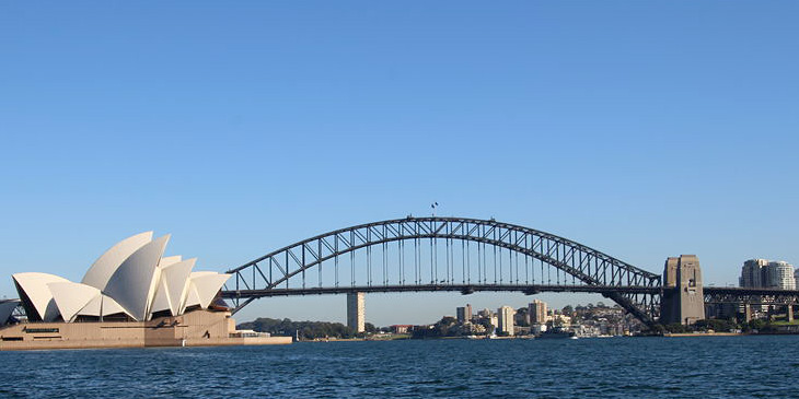 A photo of Sydney harbour, showing the opera house and bridge. 