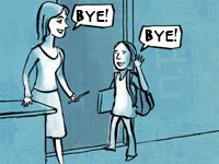 An illustration of a teacher saying goodbye to a student. 