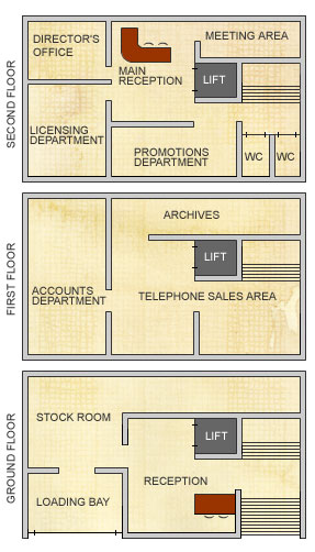An illustration of the floor plans of the three floors of a company building. On the ground floor is reception and in front of that, the lift. On the left of the lift is the stock room. The loading bay is next to the stock room. On the first floor is the accounts department, which is above the loading bay. Above the accounts department, on the second floor, is the licensing department. The meeting space is on the second floor on the right of the main reception desk. In front of the reception desk is the promotions department. Next to the promotions department are the toilets, in front of the stairs.