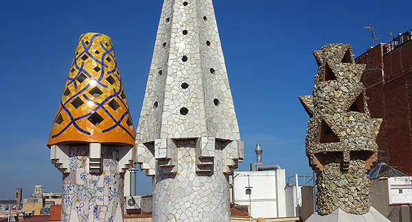 A photo of elements of Gaudí architecture in Barcelona, Spain.