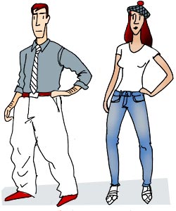 An illustration of a man and a woman. The man is wearing baggy trousers, a grey shirt, and a tie with stripes. A woman is wearing jeans and a white T-shirt, and a hat with checks on it. She is wearing shoes with a pattern on them.