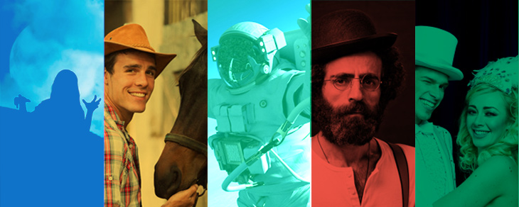 A collage of images: a scene from a horror movie, a scene from a western, a science fiction film, a historical film and a musical. 