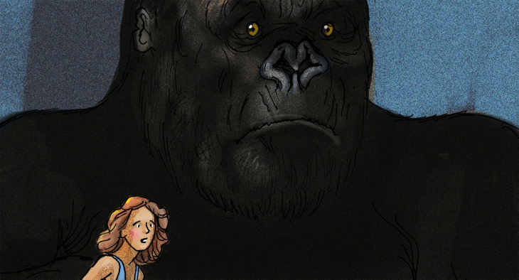 An illustration of a scene from the movie King Kong. A large gorilla is with woman who looks afraid. 
