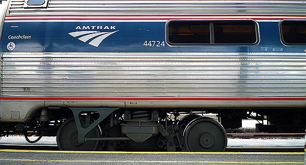 A photo of an Amtrack train carriage. 